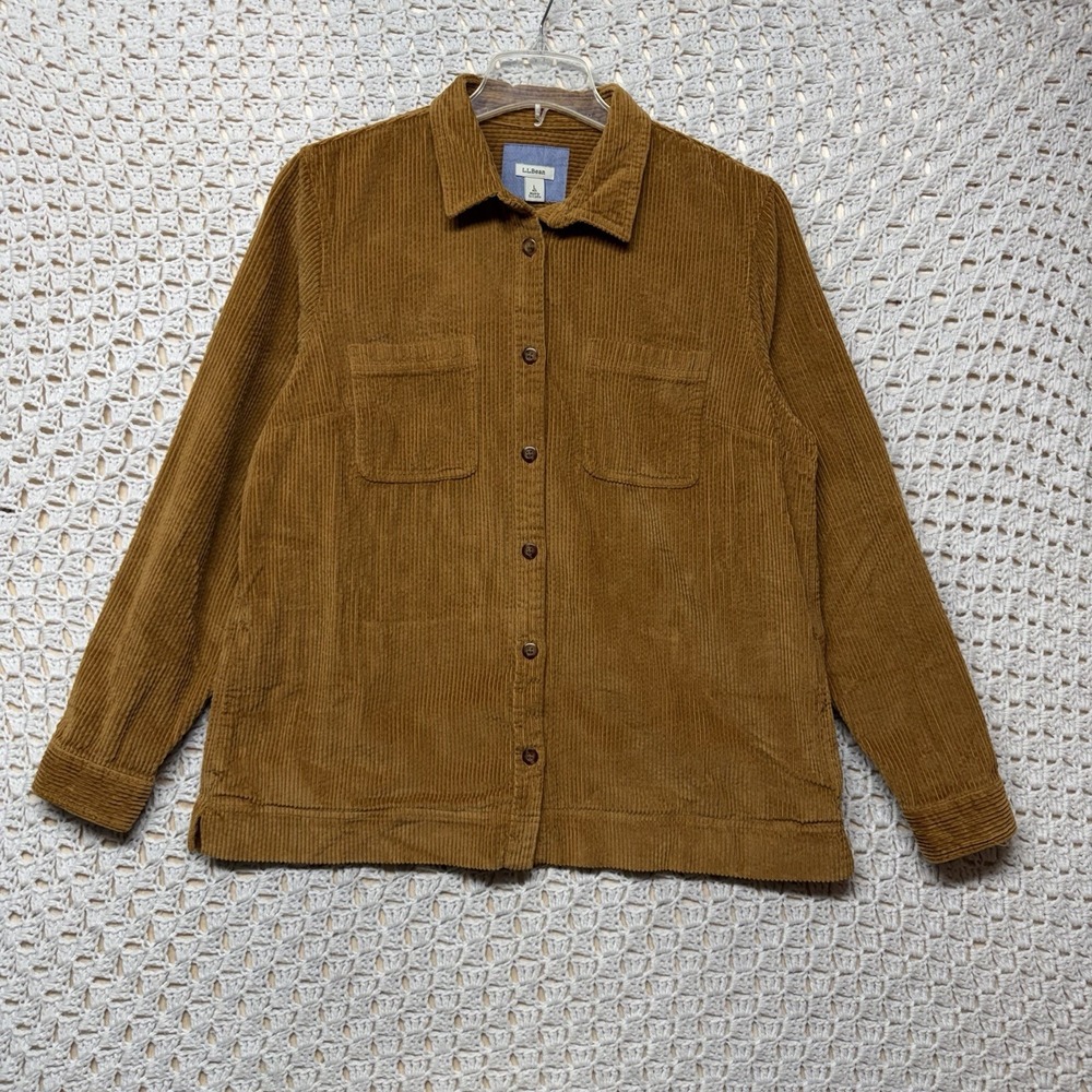 LL Bean Corduroy Shirt Jacket Women Sz L Brown Camp Wide Whale Button Down New